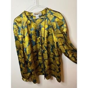 Vintage Jordan Greco Roman Column Print Blouse Yellow Teal Braided Trim 13/14